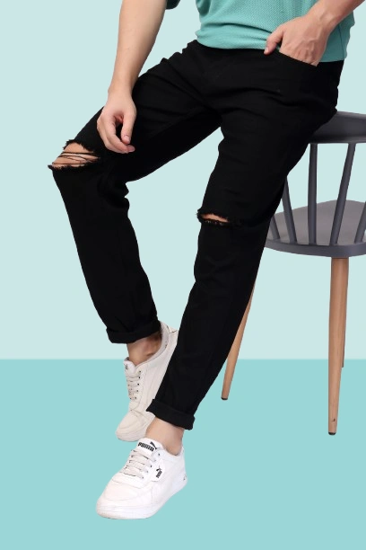 EditLook Men Knee Distressed Black Jeans