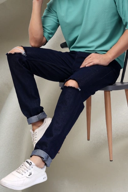 EditLook Men Mid Rise Distressed Navy Jeans