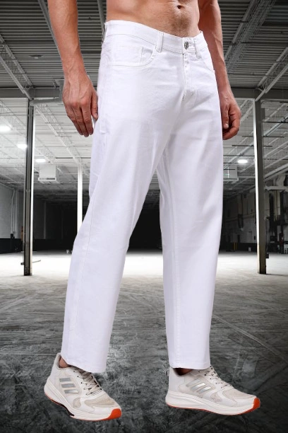 EditLook Men’s Loose Fit White Jeans – Mid Rise, Full Length